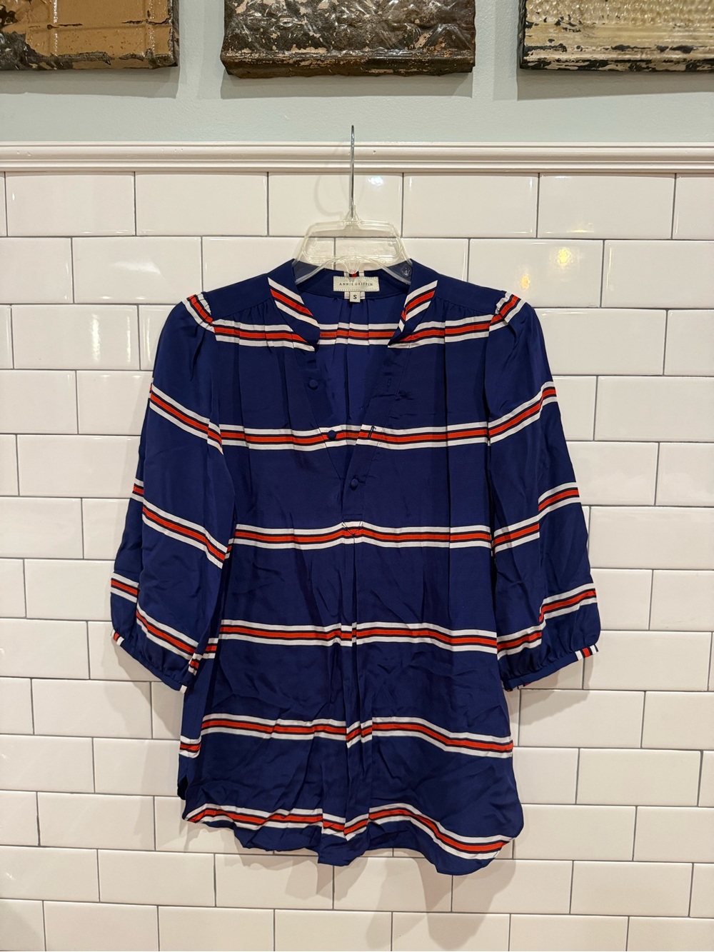 Annie Griffin Navy Blue Striped Button-Front Blouse